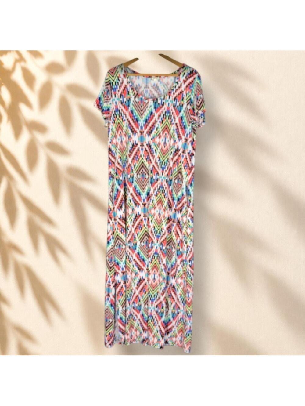 Eyeshadow Dress Women XL White Geometric Maxi Long Short Sleeve Round Neck